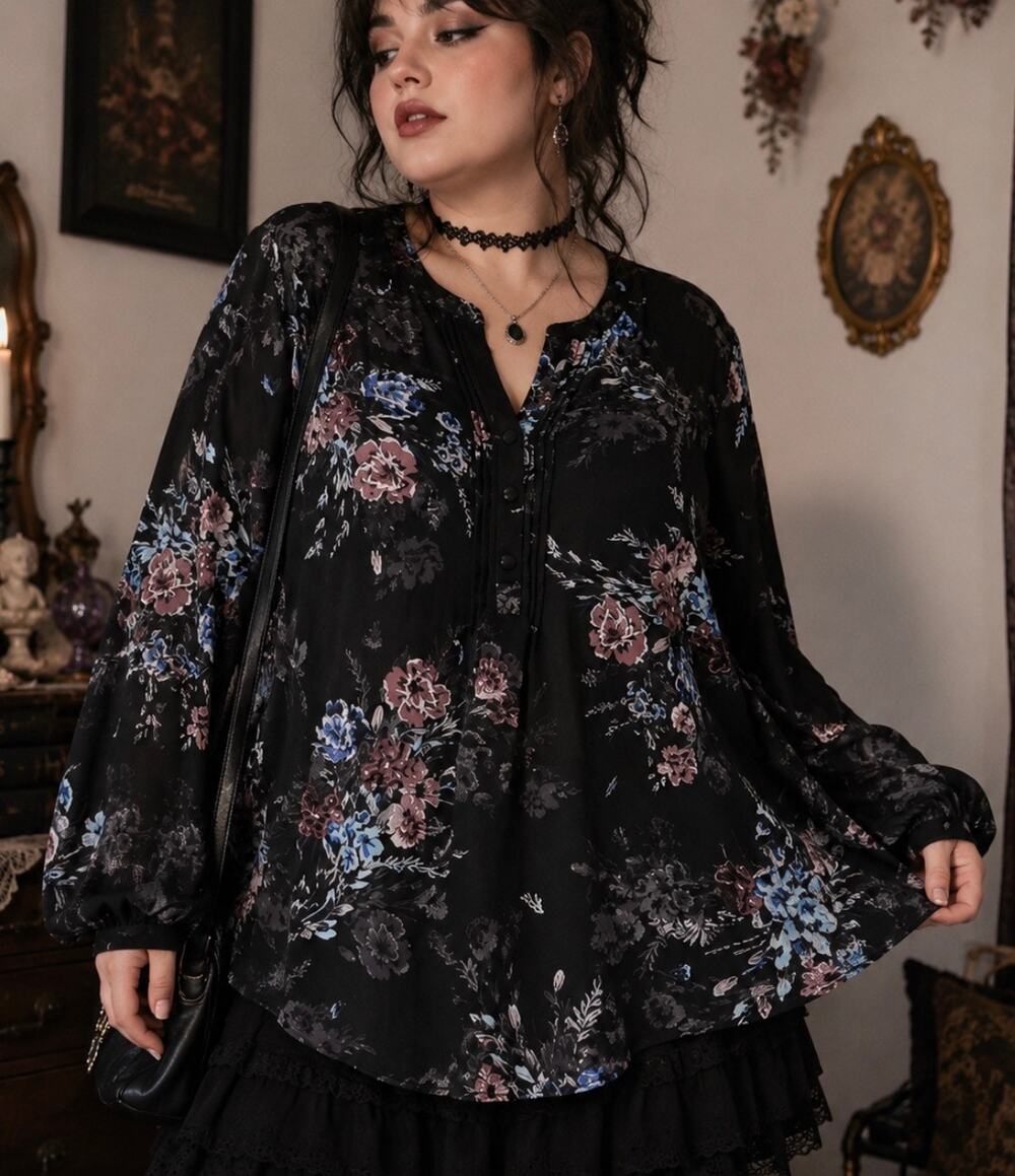 Torrid Black Floral Sheer Peasant Blouse Fairy Grunge Whimsigoth Boho XL